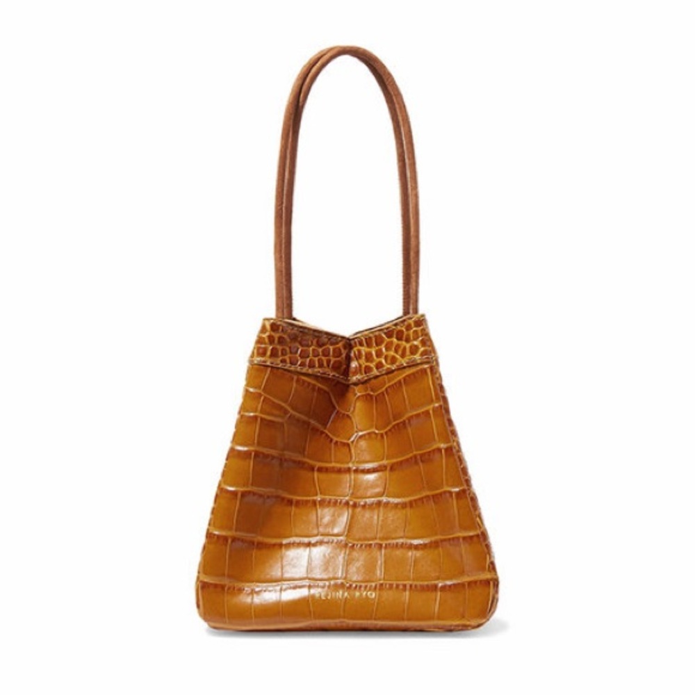 Rejina Pyo Brown Croc-Embossed Mini Drawstring Bag